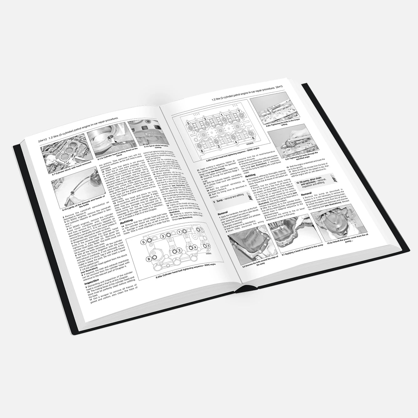 Open book with illustrations and text on a white background