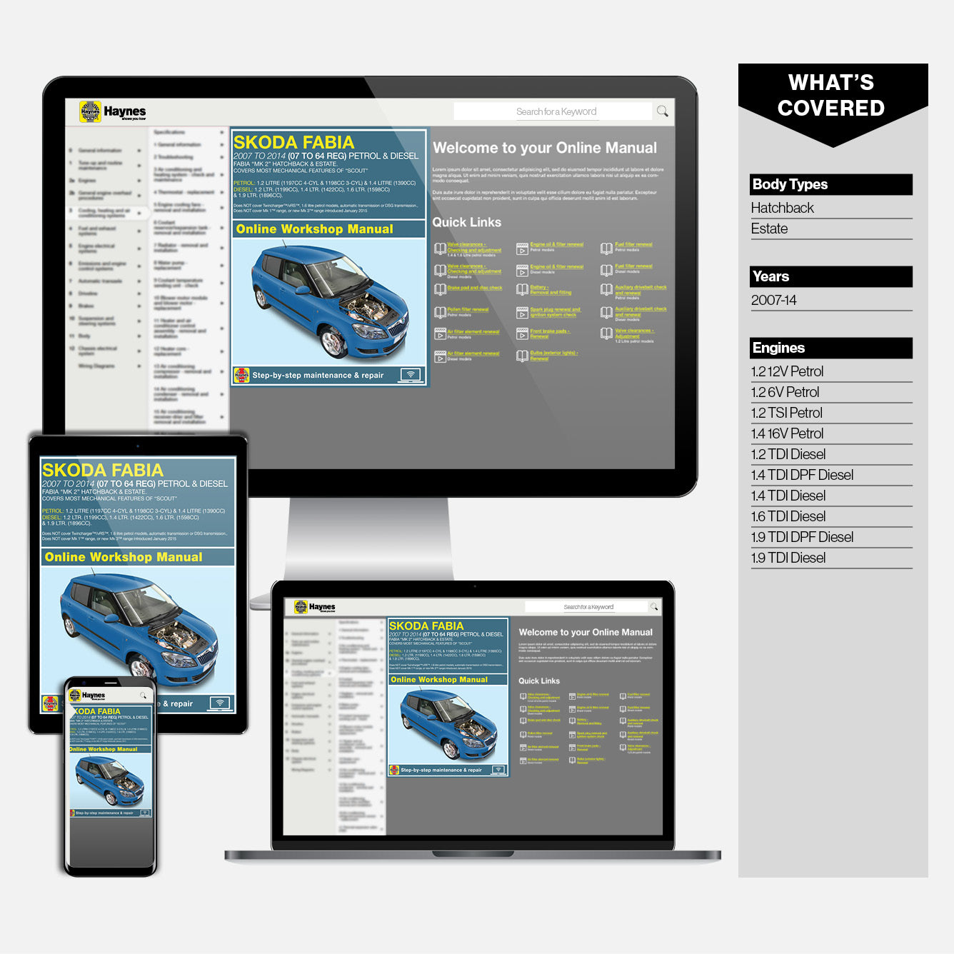 Computer monitor, smartphone, and tablet displaying a Skoda Fabia online workshop manual on a white background.