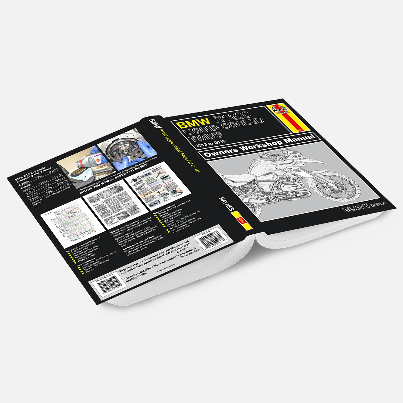 Open motorcycle workshop manual with images and text on a white background