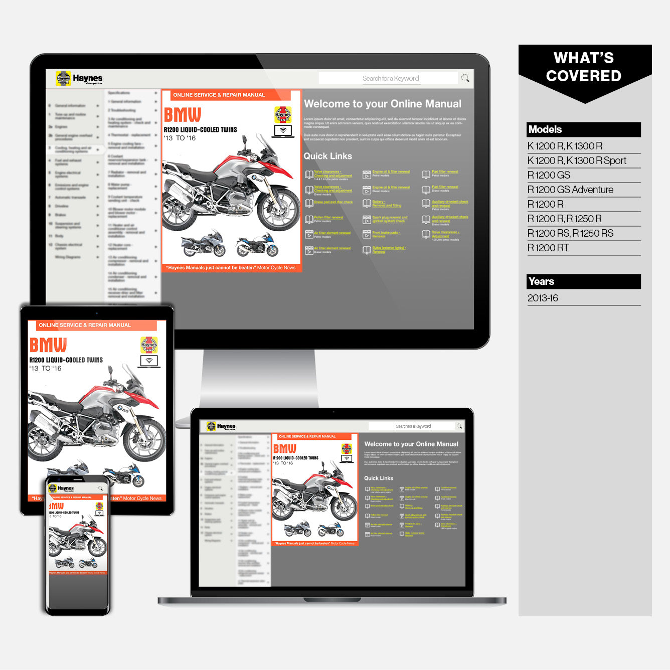 Computer monitor, smartphone, and tablet displaying BMW motorcycle manuals on a gray background.