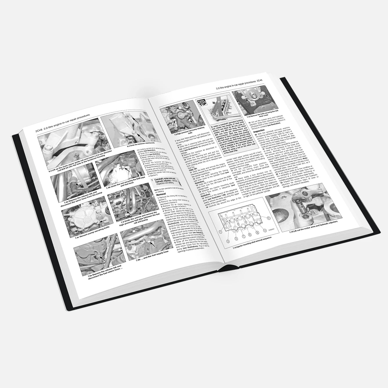 Open book with text and images on a white background