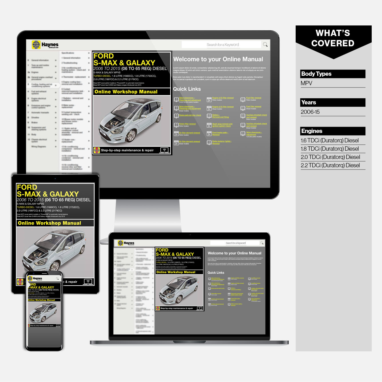 Haynes online workshop manual displayed on computer monitor, tablet, and smartphone.