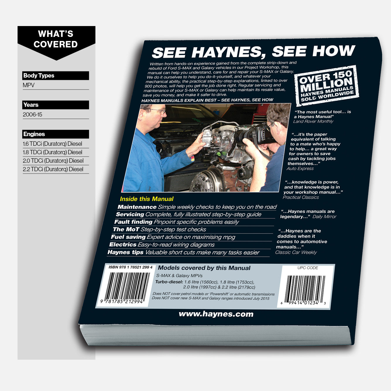 Back cover of a Haynes manual with text and images of a person working on a vehicle.