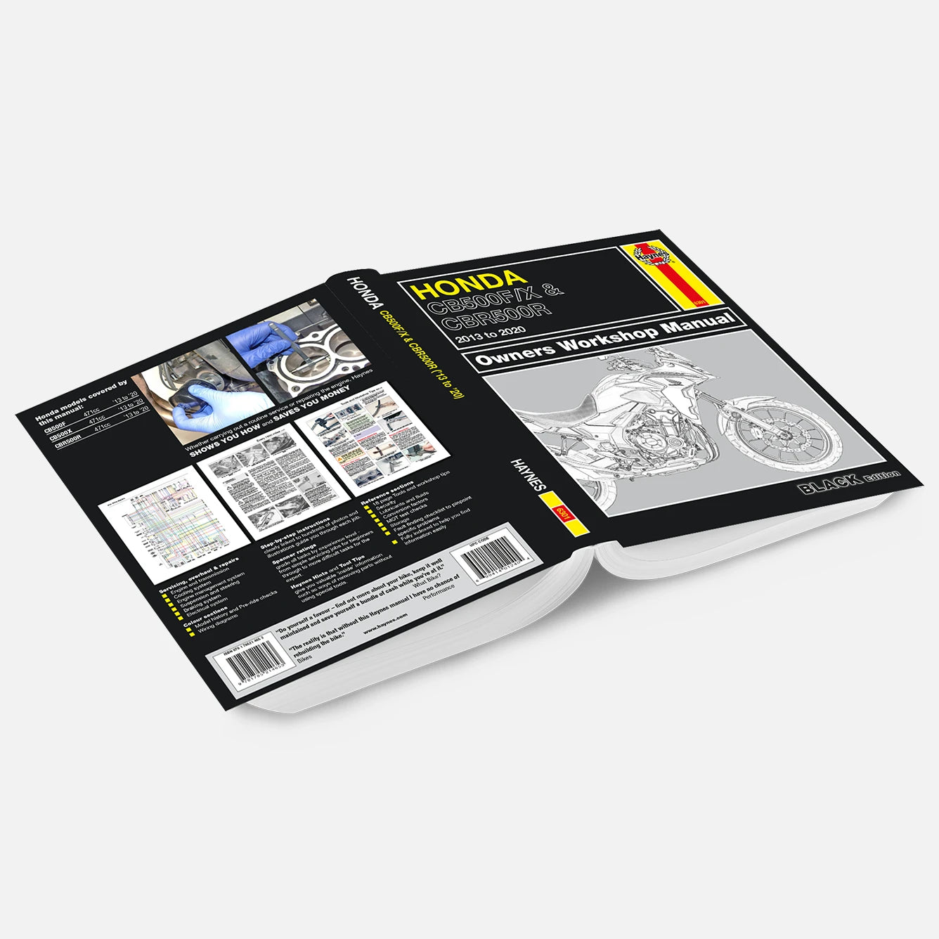 Open motorcycle workshop manual with images and text on a white background