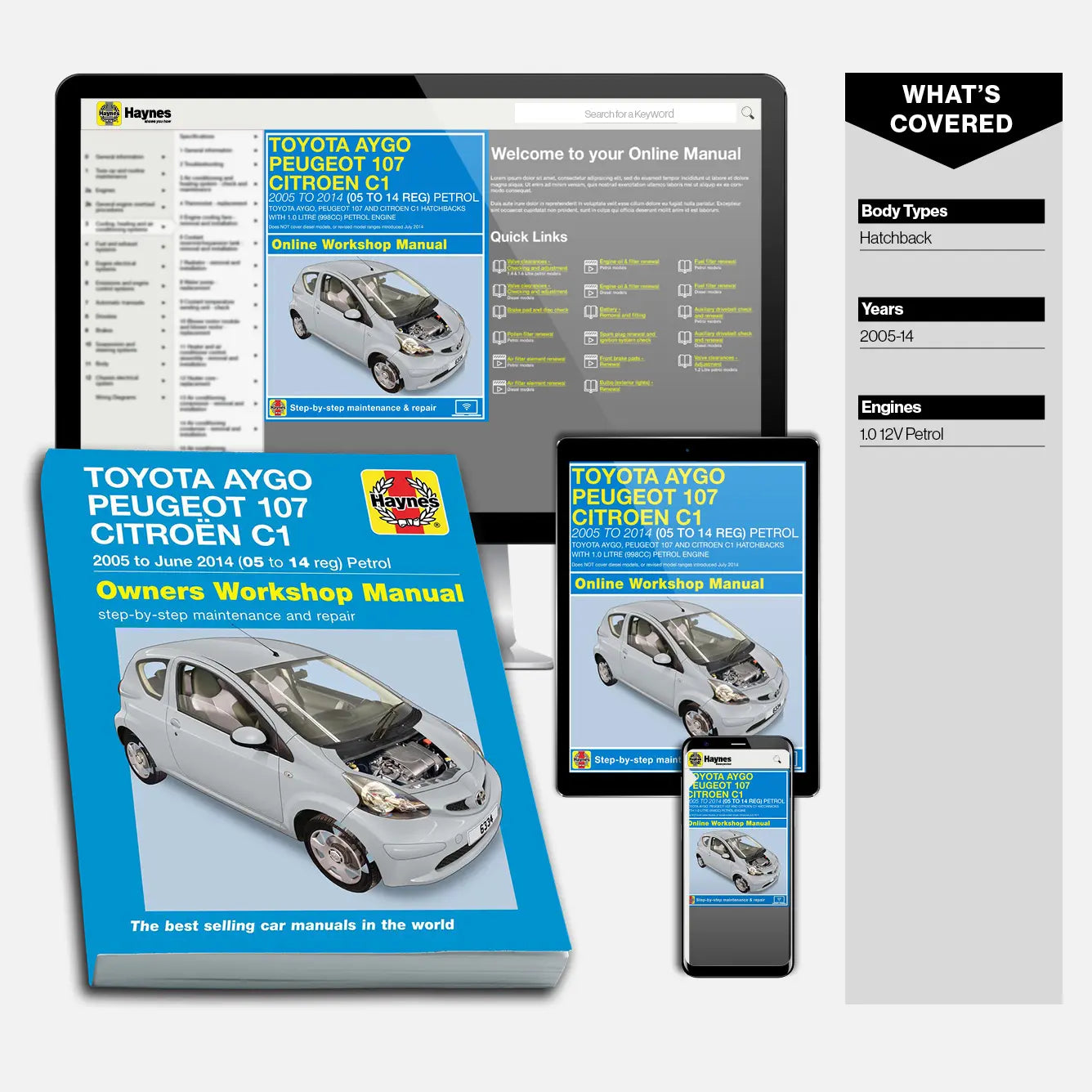 Collection of Toyota Aygo, Peugeot 107, and Citroèn C1 repair manuals including a book, digital app, and online manual.