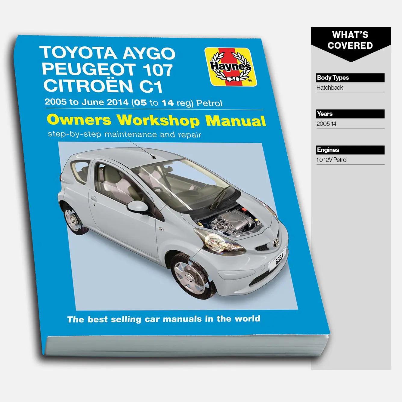 Car owners workshop manual for Toyota Aygo, Peugeot 107, Citroen C1 on a white background
