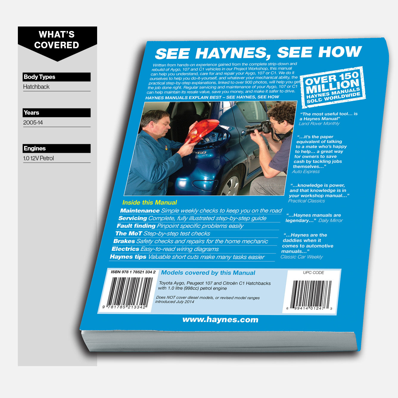 Car owners workshop manual for Toyota Aygo, Peugeot 107, Citroen C1 on a white background