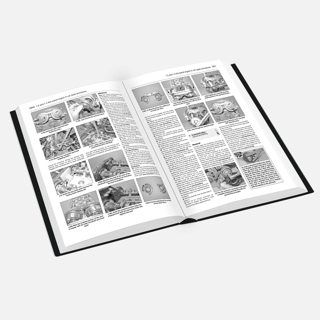 Open book with technical illustrations and text on a white background