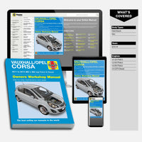 Haynes Vauxhall/Opel Corsa owners workshop manual with digital versions on tablet, phone, and computer screen.