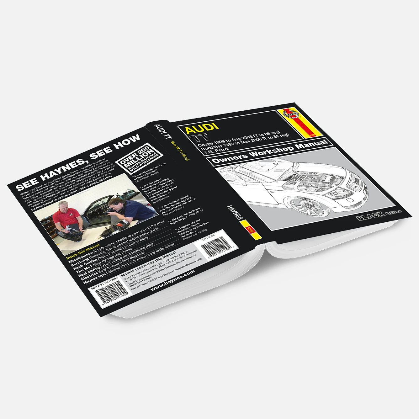 Open Haynes manual with Audi cover on a white background