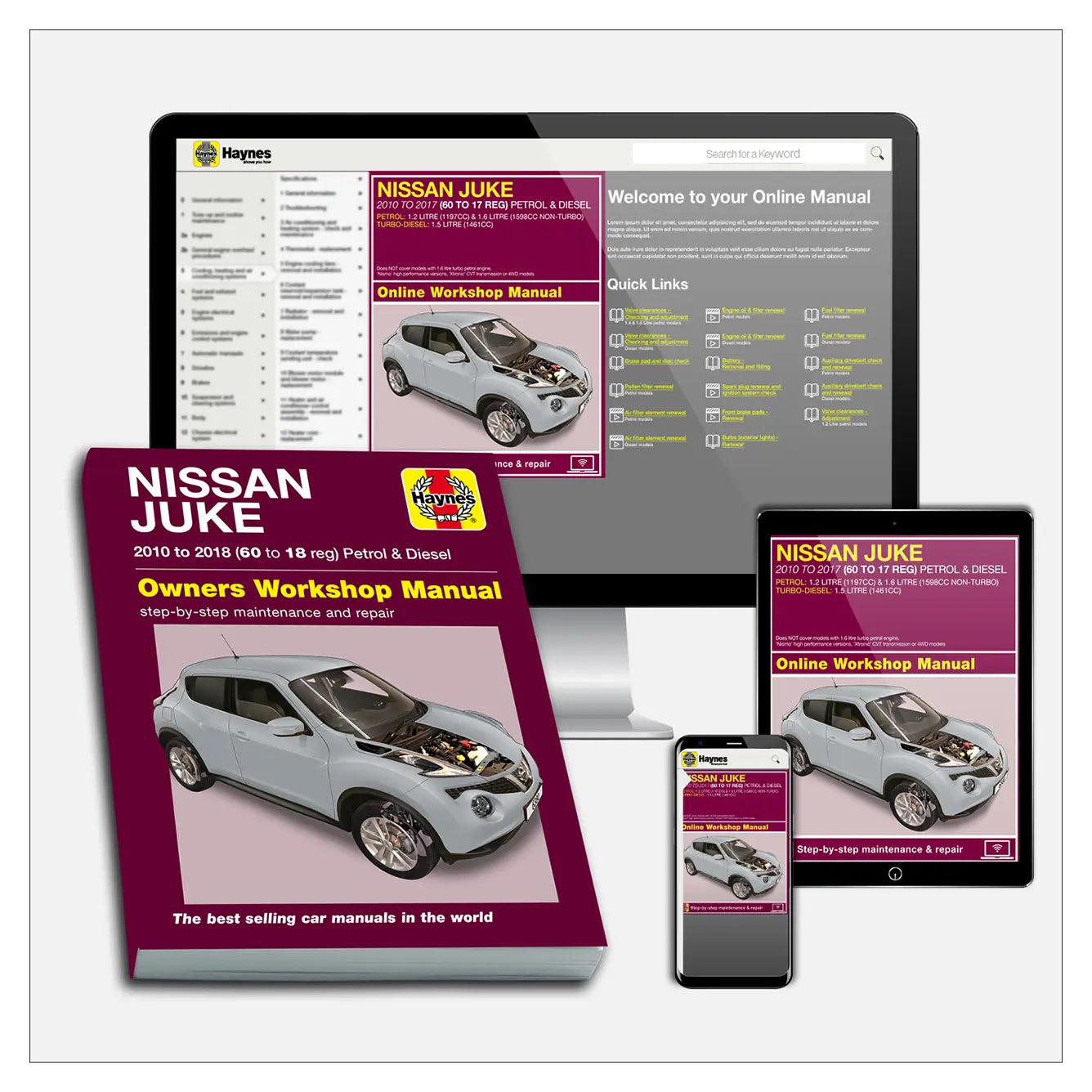 Nissan Juke owners workshop manual with digital versions on tablet, phone, and computer screen.