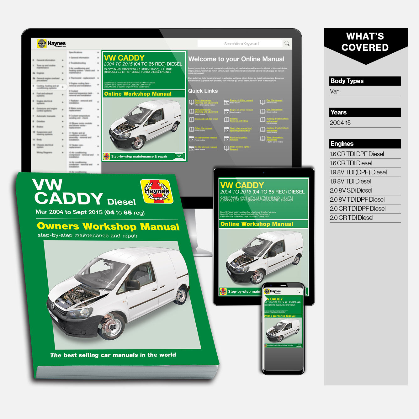 Haynes VW Caddy Diesel repair manual set with digital and printed versions.