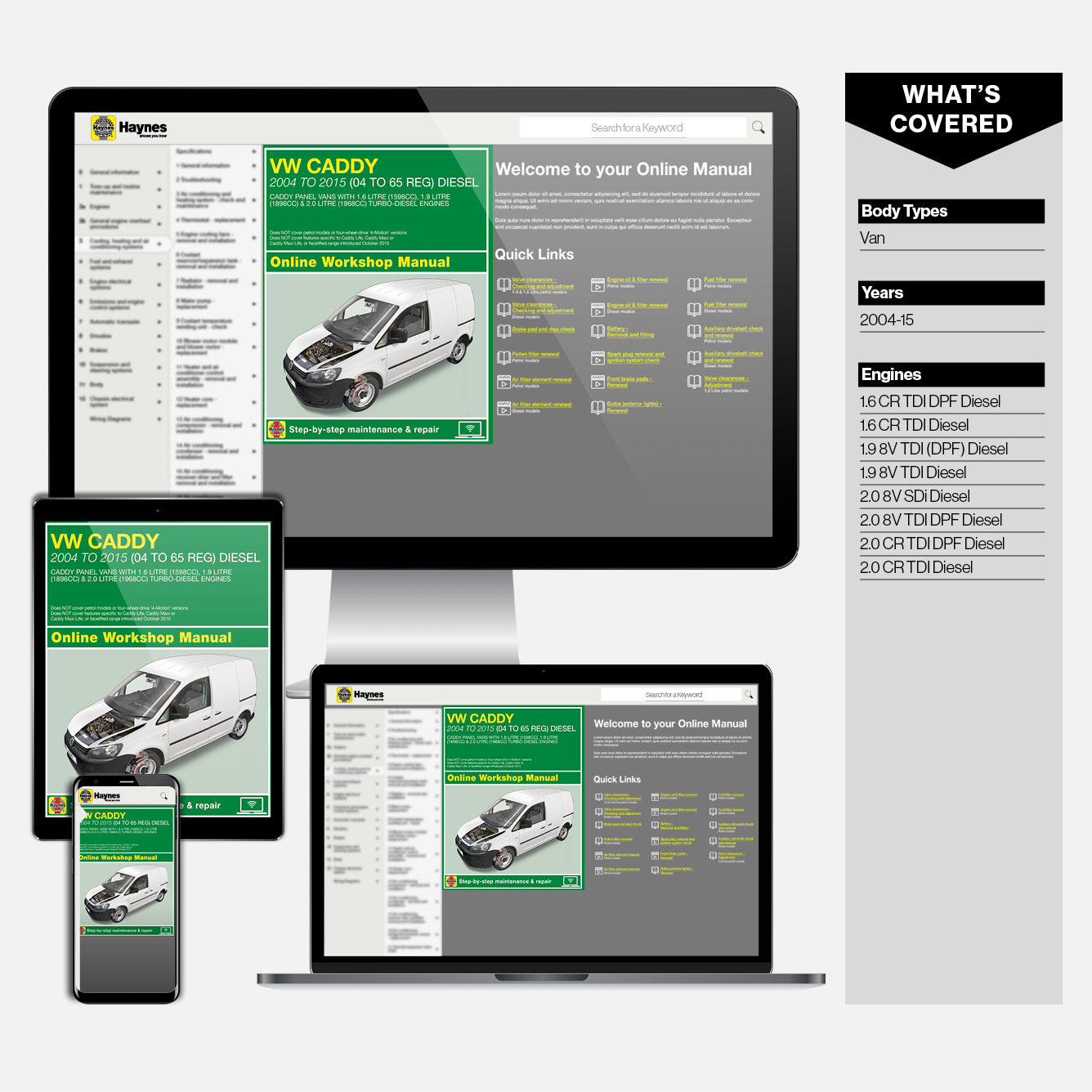 Haynes online workshop manual displayed on computer monitor, tablet, and smartphone.