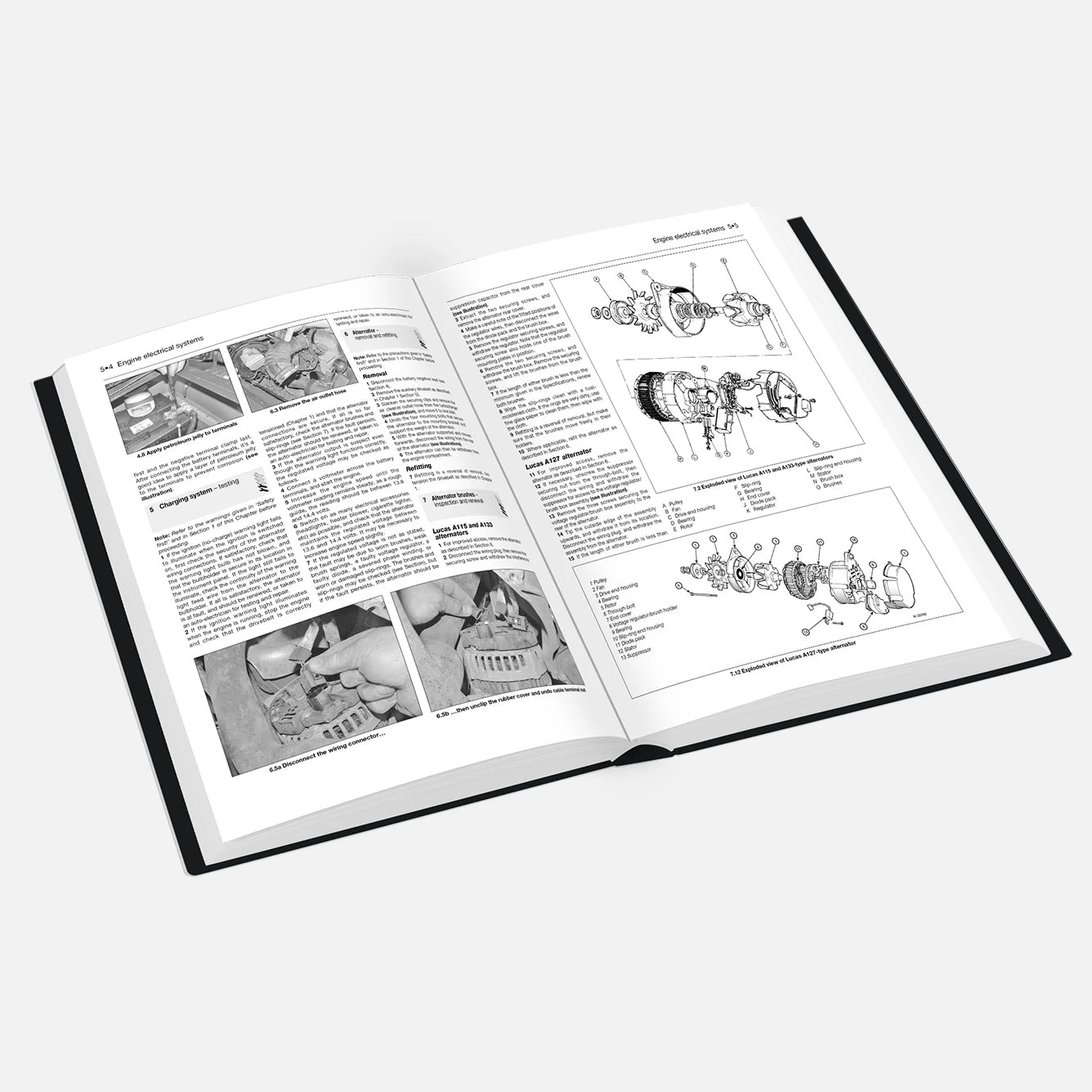 Open book with technical illustrations and text on a white background