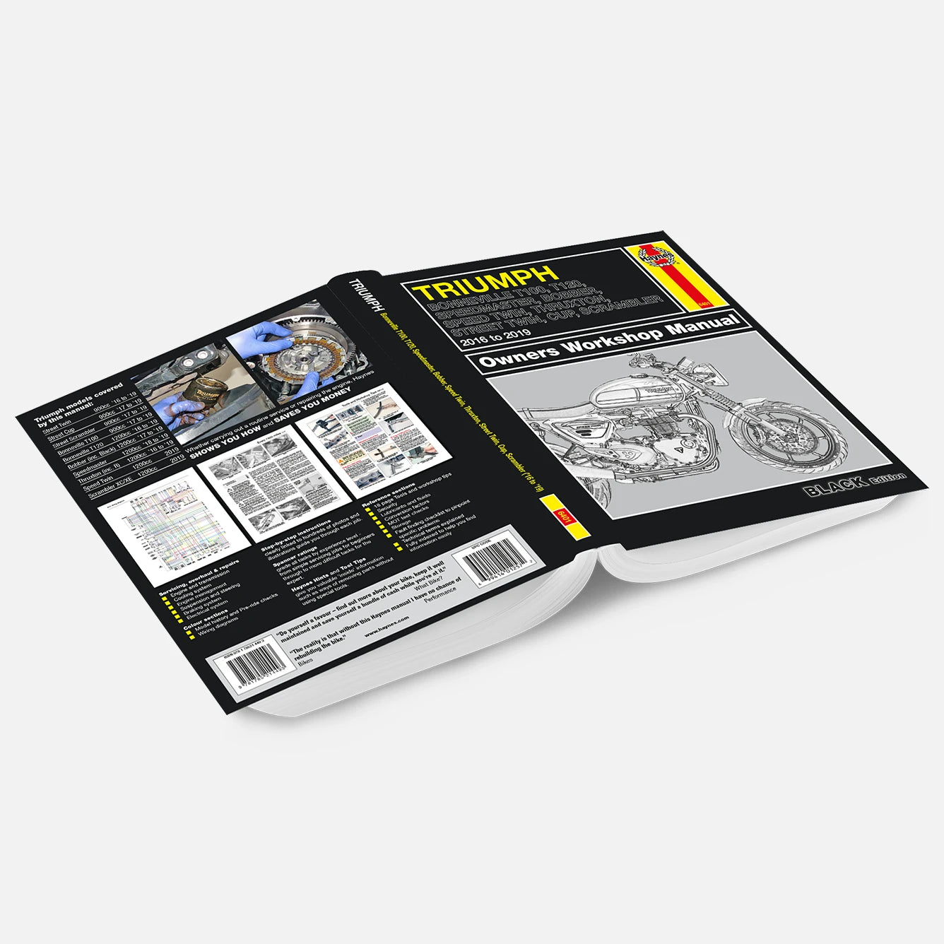 Open workshop manual for Triumph motorcycles on a white background