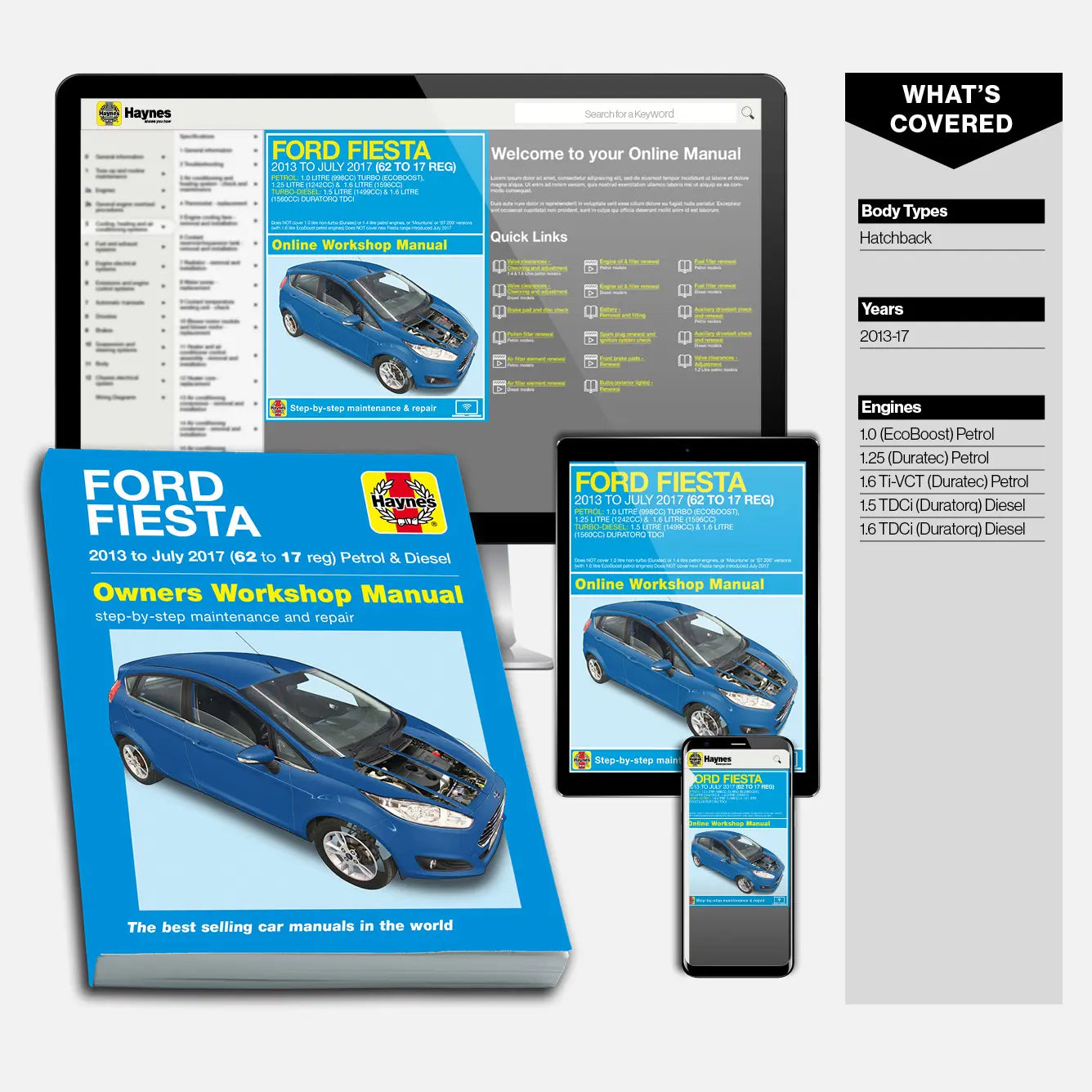 Ford Fiesta repair manual set with digital and print versions on a white background