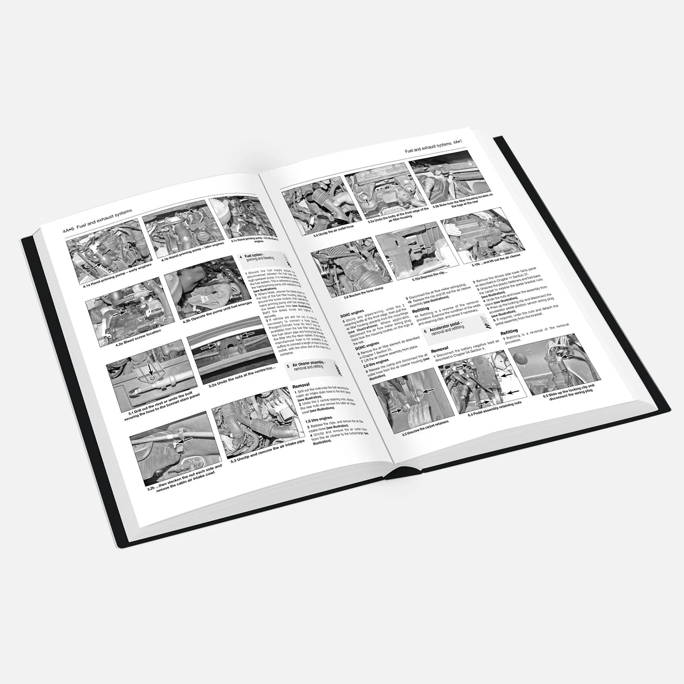 Open book with black and white illustrations and text on a white background