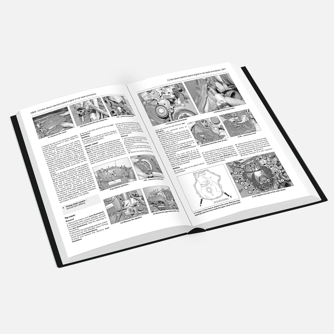 Open book with black and white illustrations and text on a white background