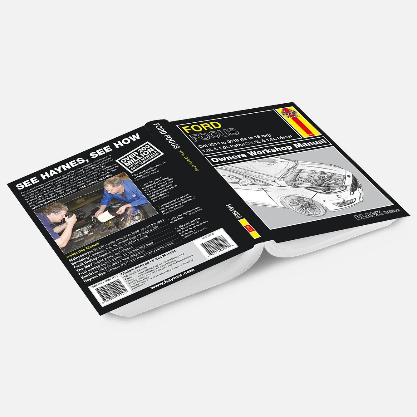 Open Haynes manual with Ford Focus cover on a white background