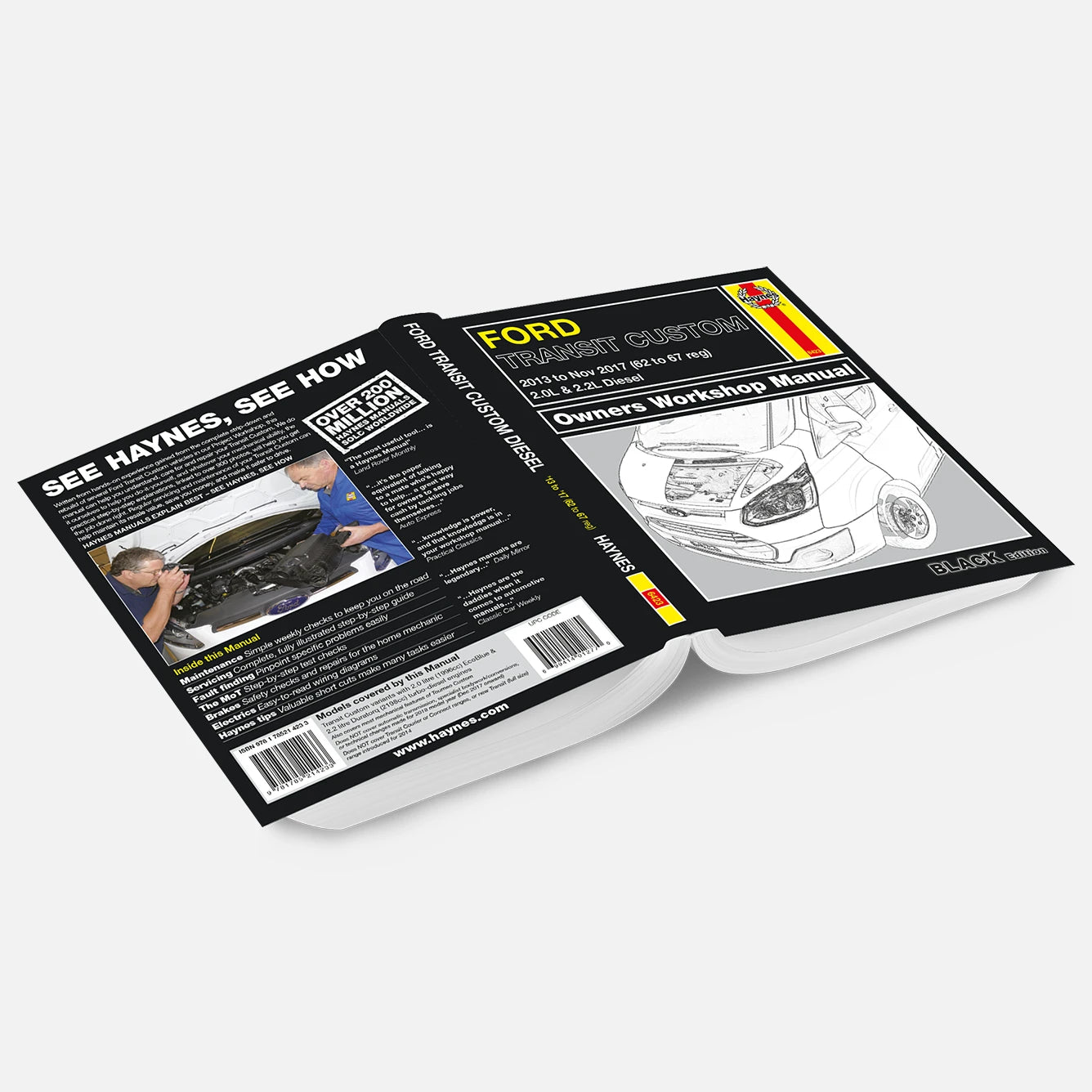 Open manual with Ford model cover on a white background
