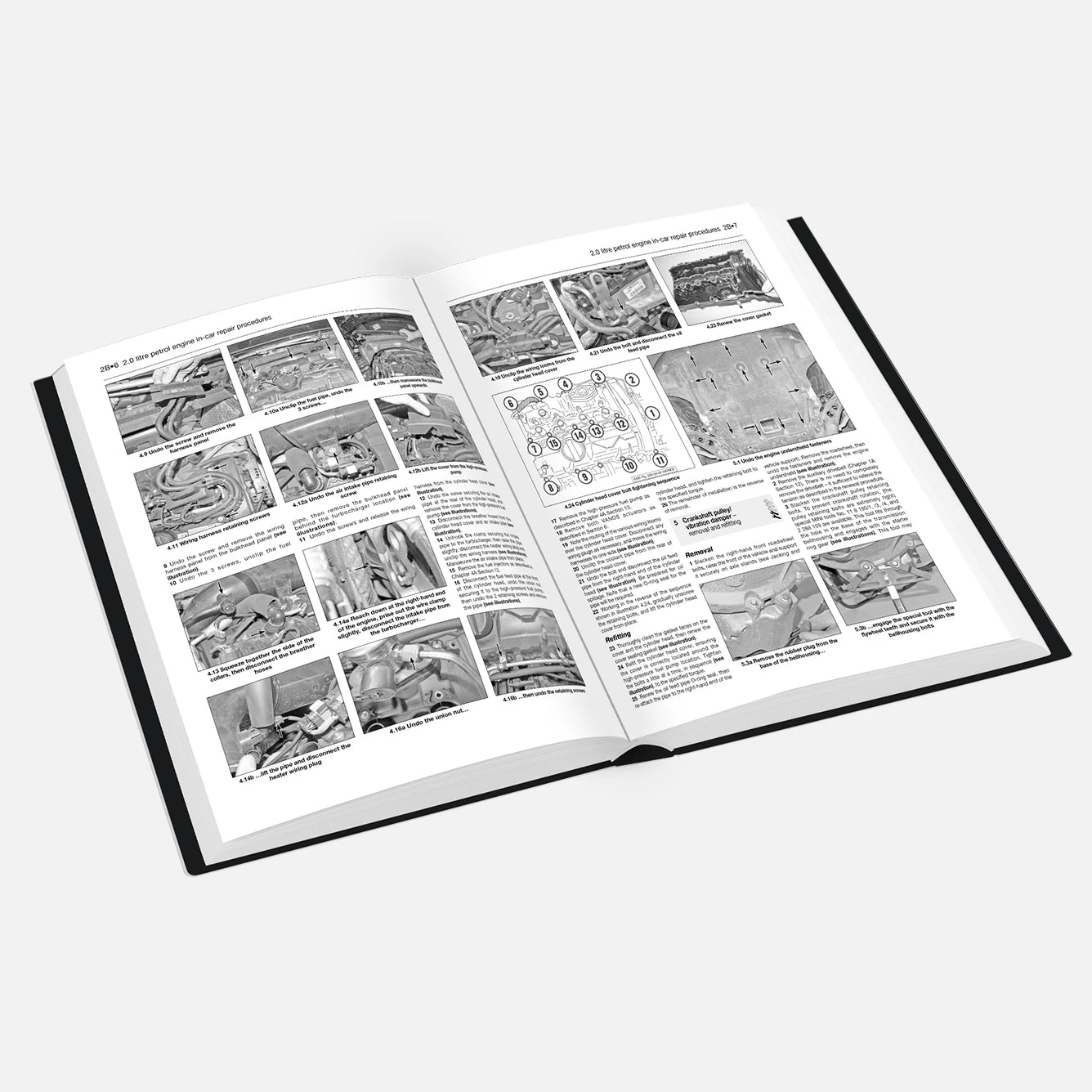 Open book with black and white illustrations and text on a white background