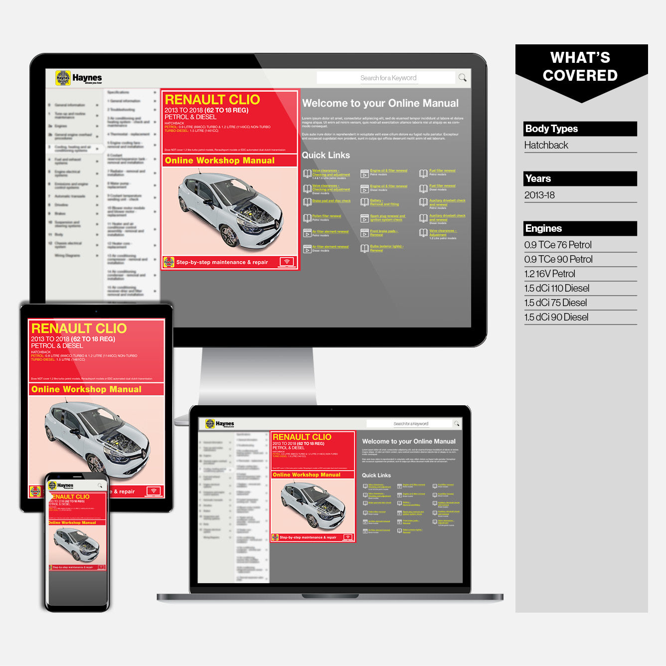 Computer monitor, tablet, and smartphone displaying a Renault Clio online workshop manual.