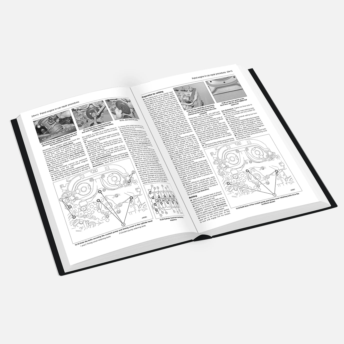 Open book with technical illustrations and text on a white background