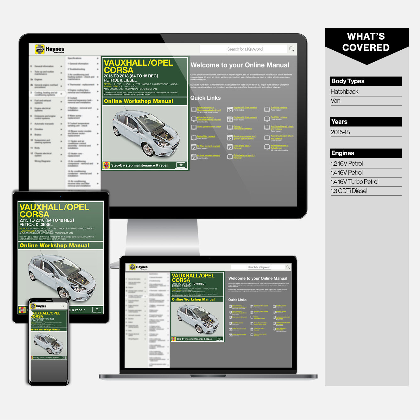 Haynes online workshop manual displayed on computer monitor, tablet, and smartphone.