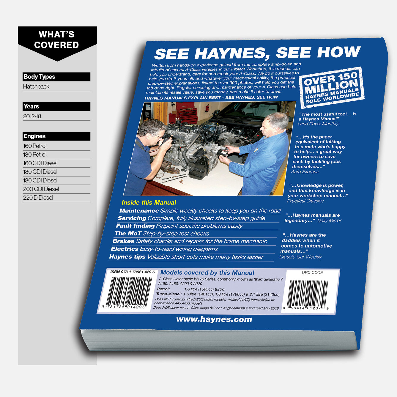 Back cover of a Haynes manual with text and images of people working on vehicles.