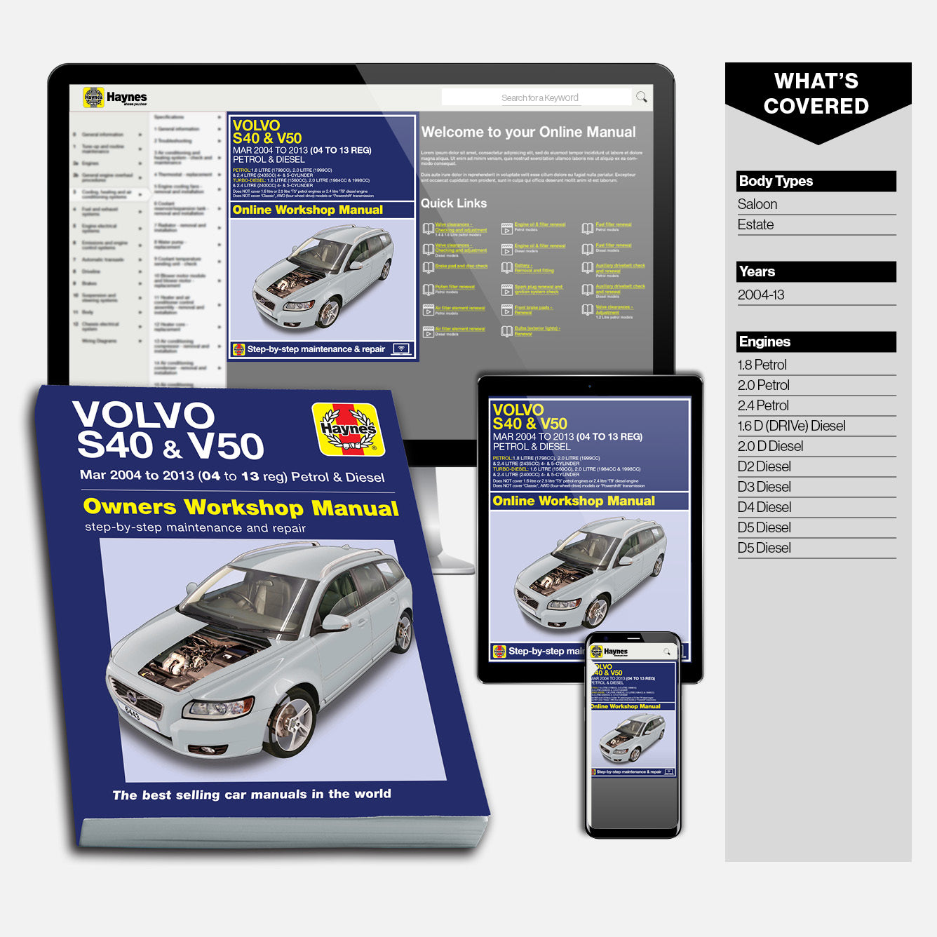 Haynes Volvo S40 & V50 repair manual set with digital and printed versions.