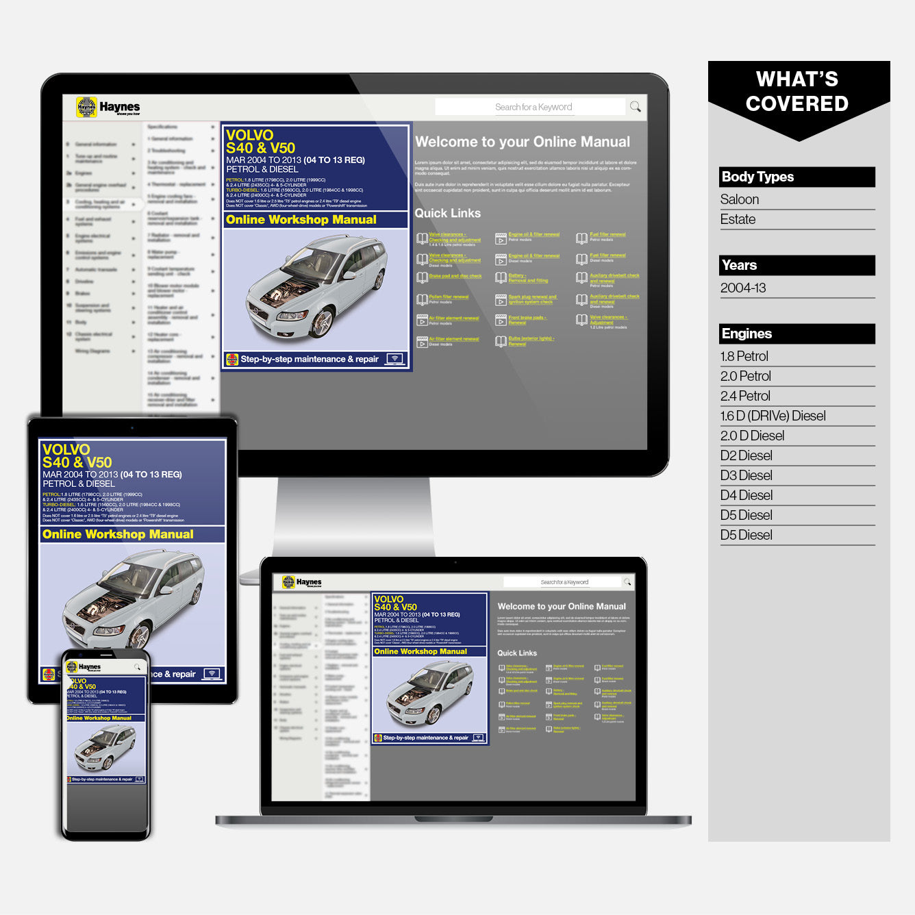 Computer monitor, tablet, and smartphone displaying a Volvo online workshop manual on a white background.