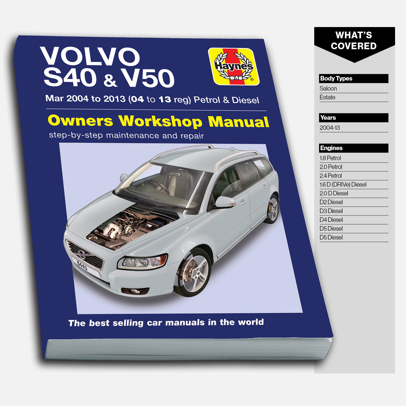 Haynes manual for Volvo S40 and V50 on a white background