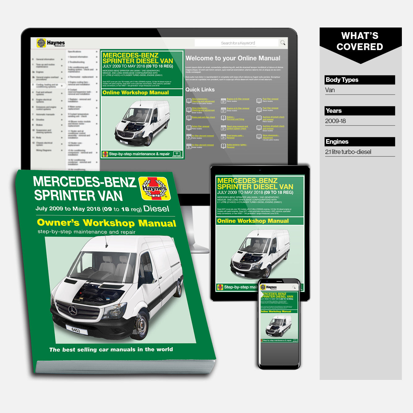 Mercedes-Benz Sprinter Van manual set including hardcover book, digital versions on computer, tablet, and phone.