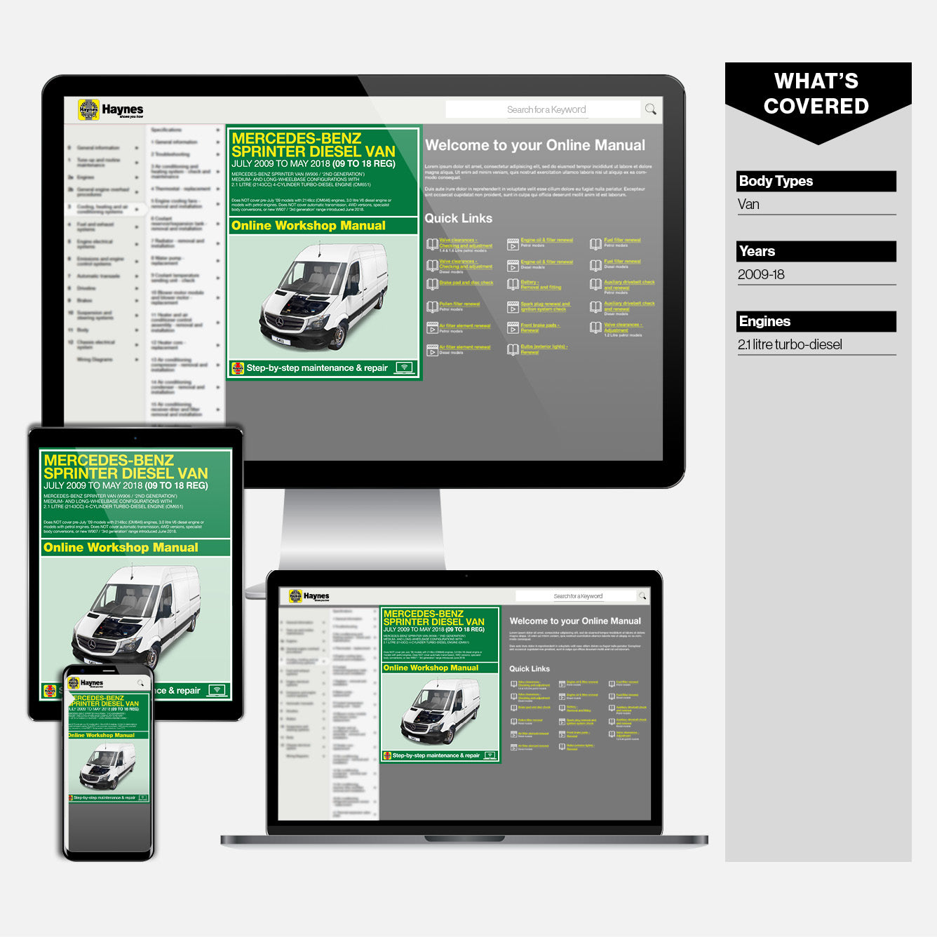 Computer monitor, tablet, and smartphone displaying a Mercedes-Benz Sprinter Diesel Van online workshop manual.