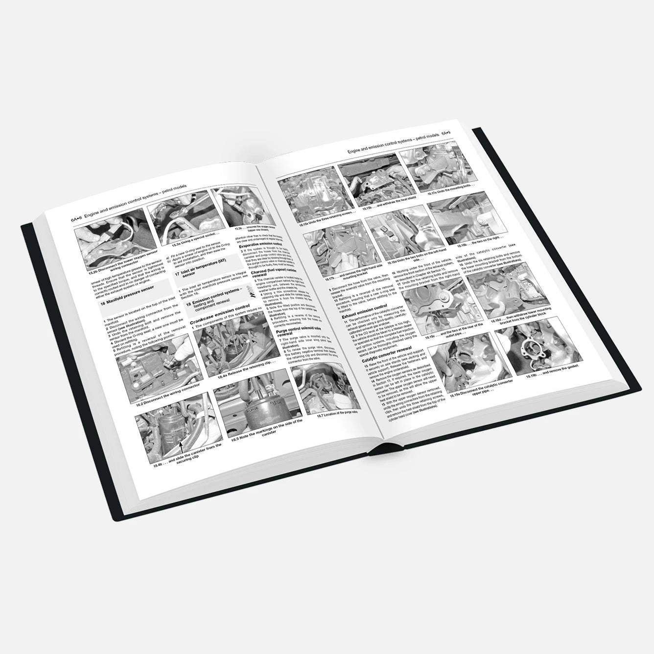 Open book with black and white images and text on a white background