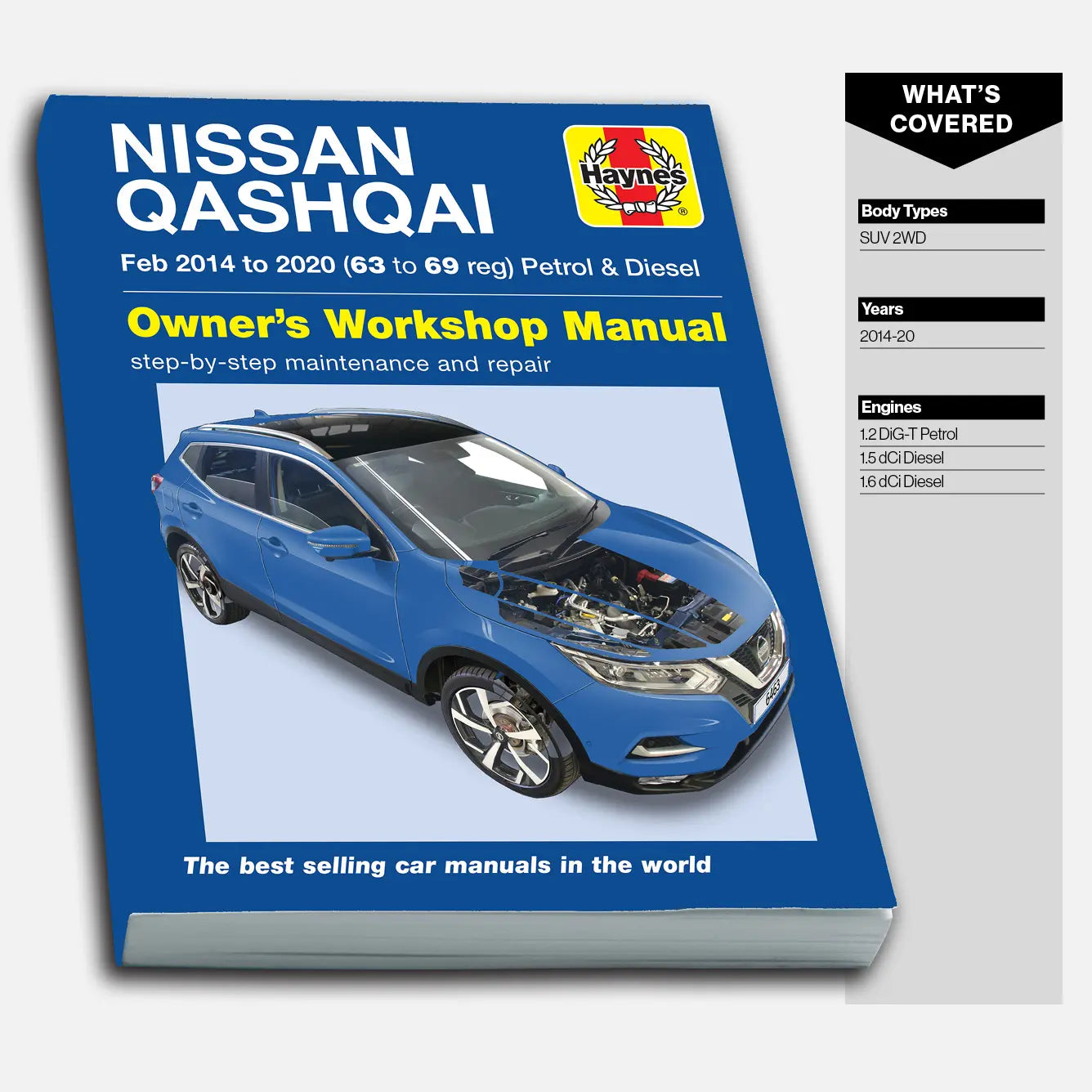 Nissan Qashqai owner's workshop manual with a blue cover and white text on a gray background