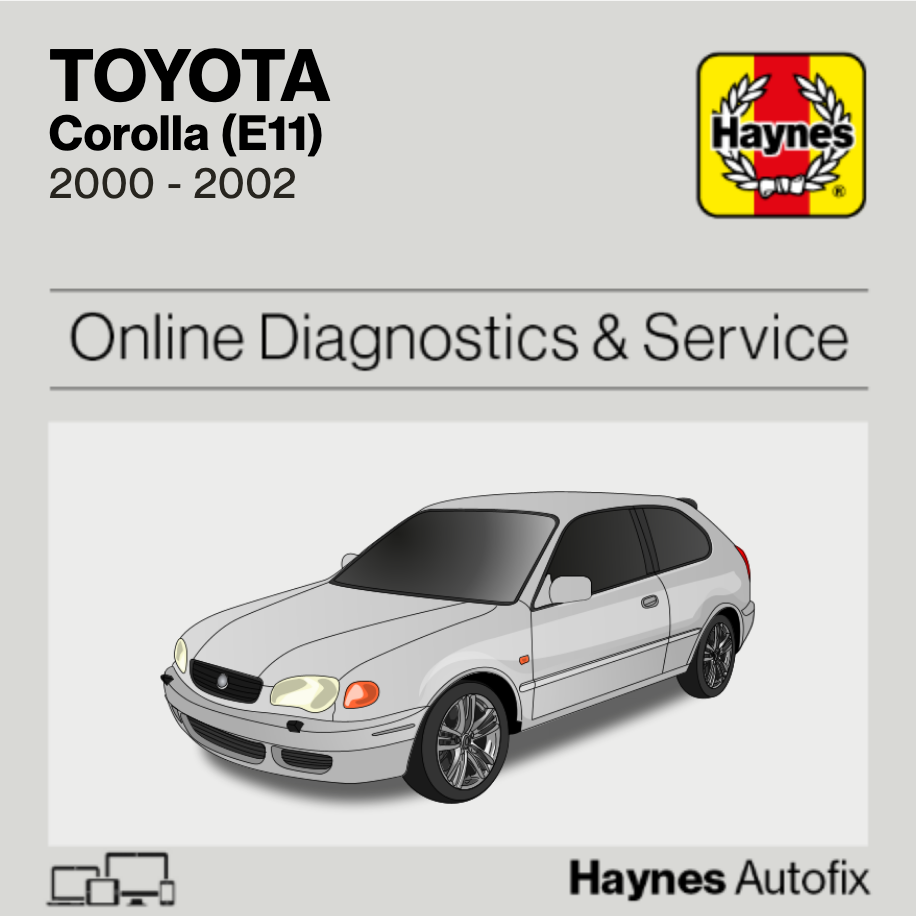 Haynes manual cover for Toyota Corolla E11 with a car illustration and diagnostic tools icon.
