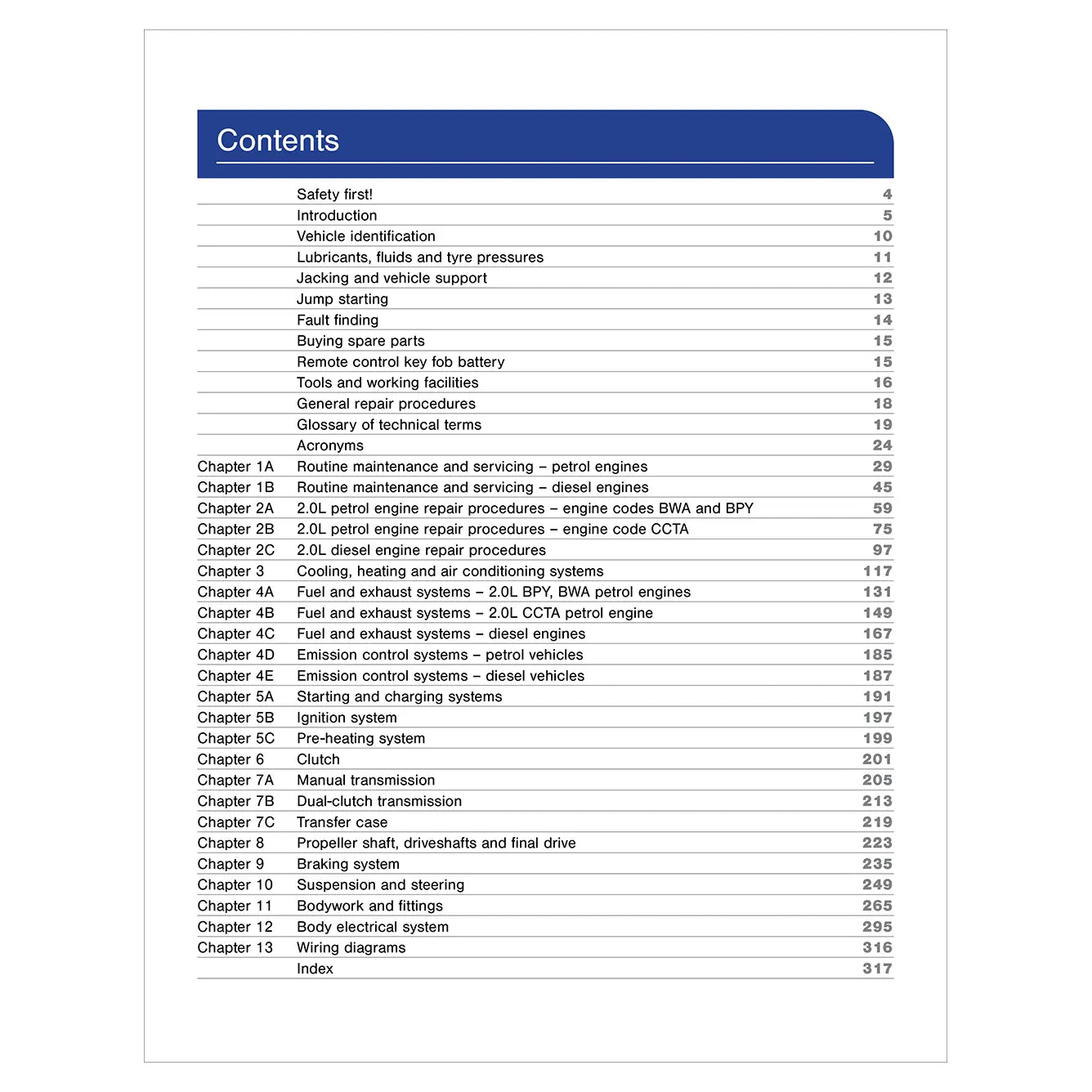 Table of contents for a technical manual on a white background