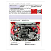 Technical manual page with Audi engine diagram and QR code on a white background