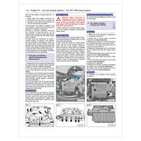 Technical manual page with text and diagrams on fuel and exhaust systems for a BMW engine.