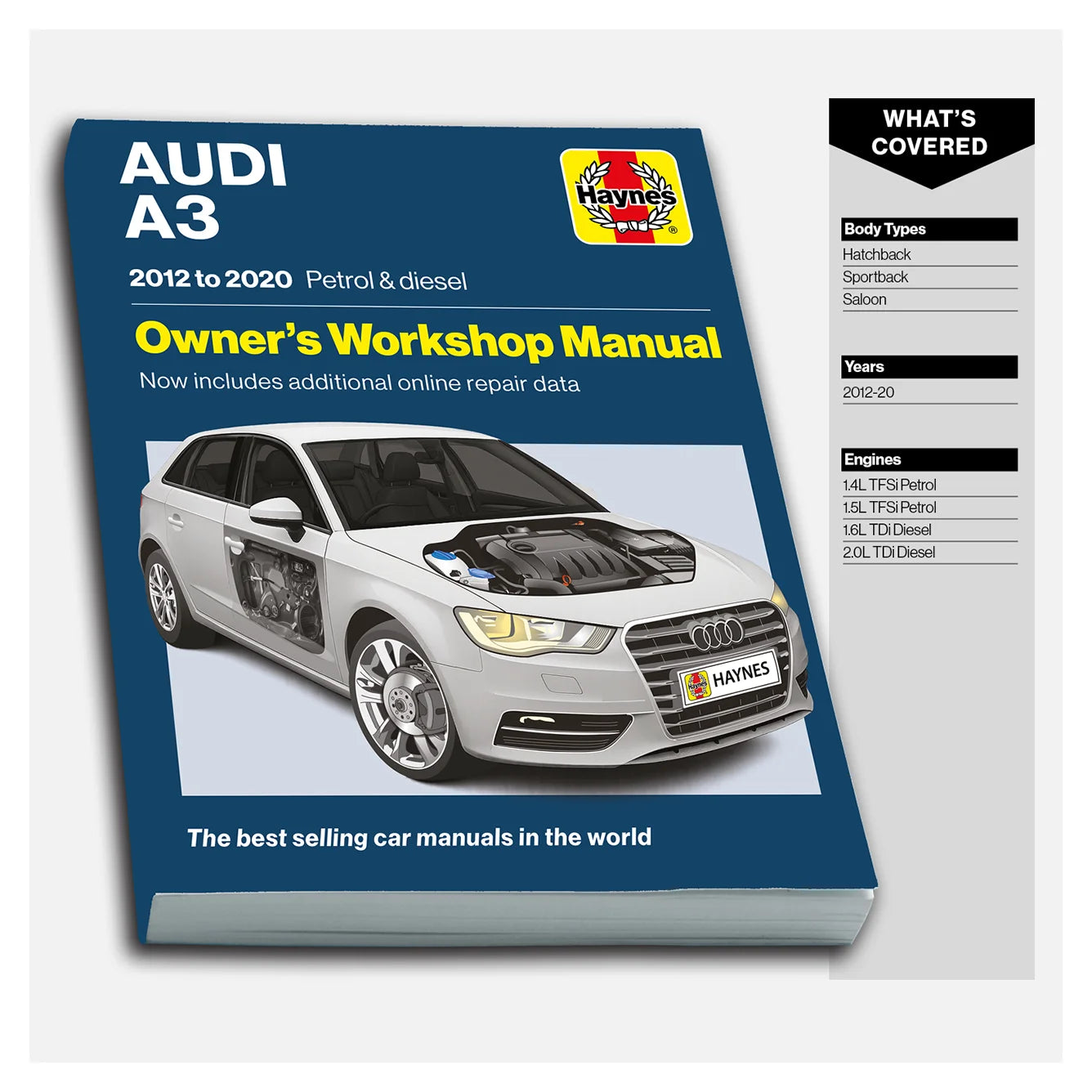 Haynes Audi A3 2012 to 2020 Owner's Workshop Manual cover shown on a light gray background, with a side panel listing covered body types, engines, and years.