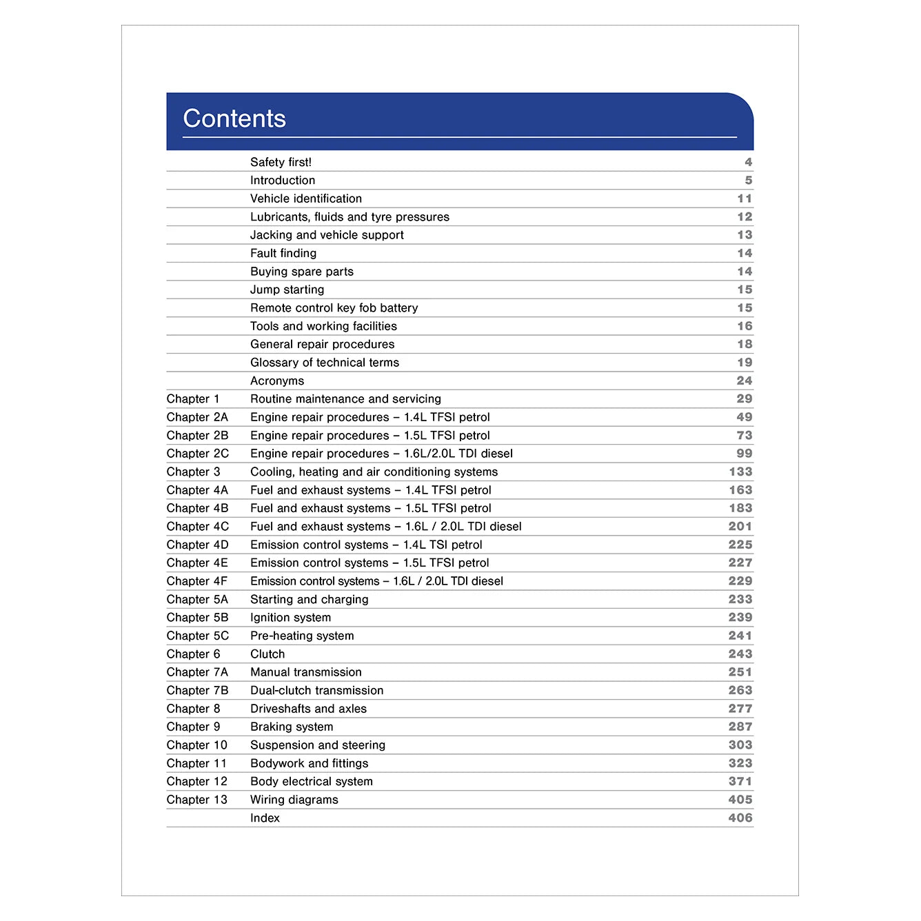 Table of contents for a vehicle repair manual on a white background