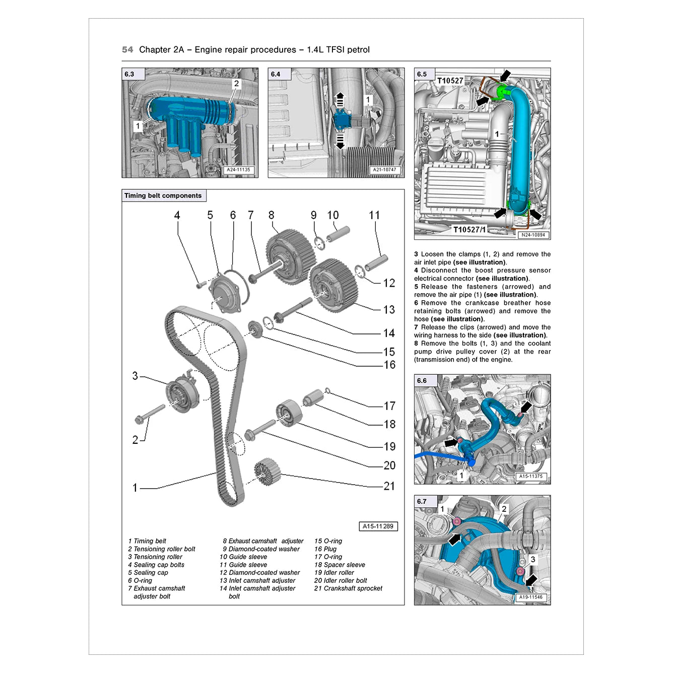 Technical diagram of engine repair procedures for a 1.4L TFSI petrol engine.