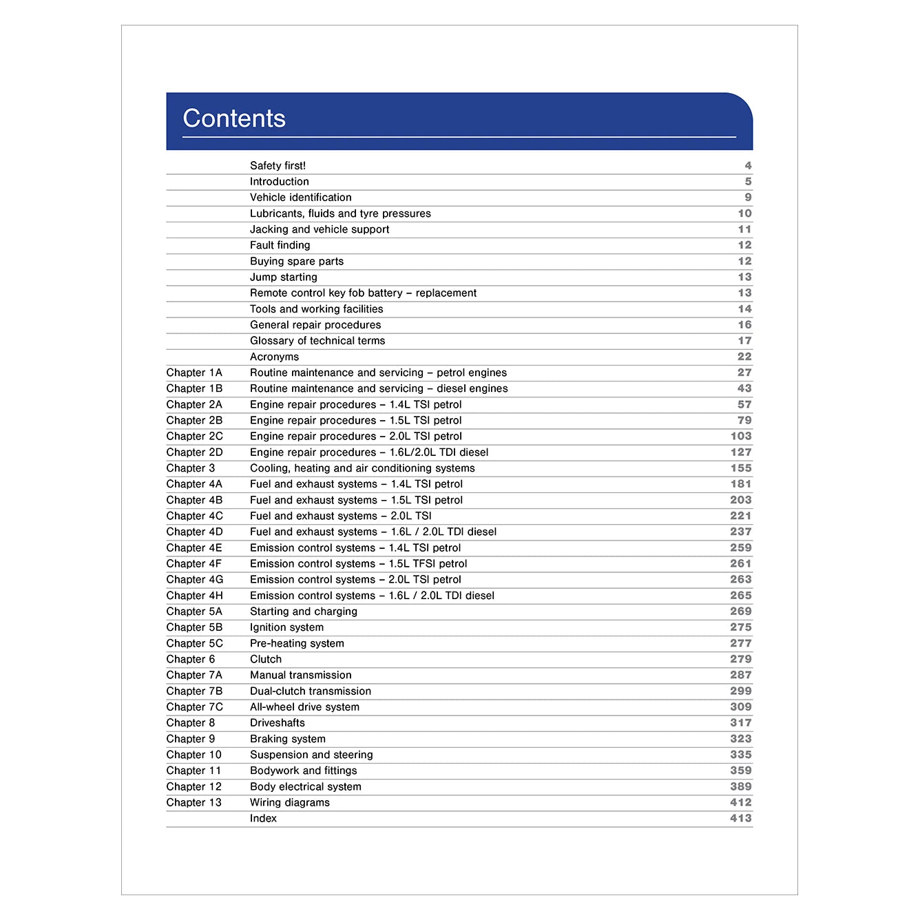 Table of contents for a vehicle maintenance manual on a white background