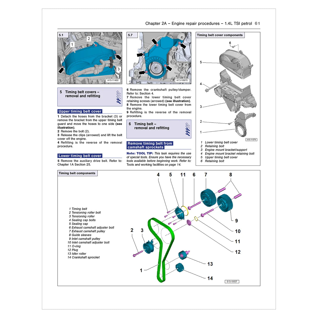 Technical diagram and text from a vehicle repair manual on timing belt components.