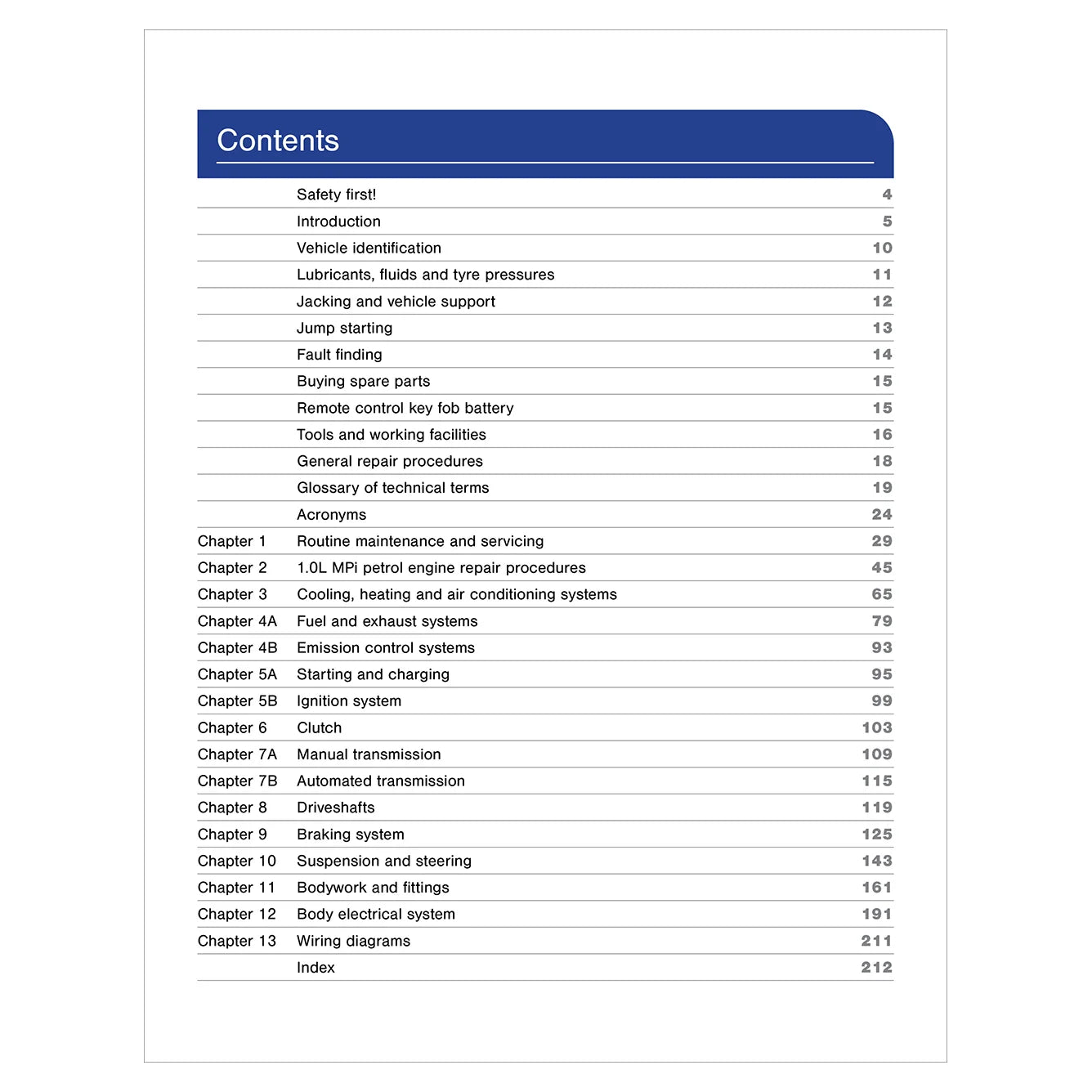 Table of contents for a vehicle maintenance manual on a white background