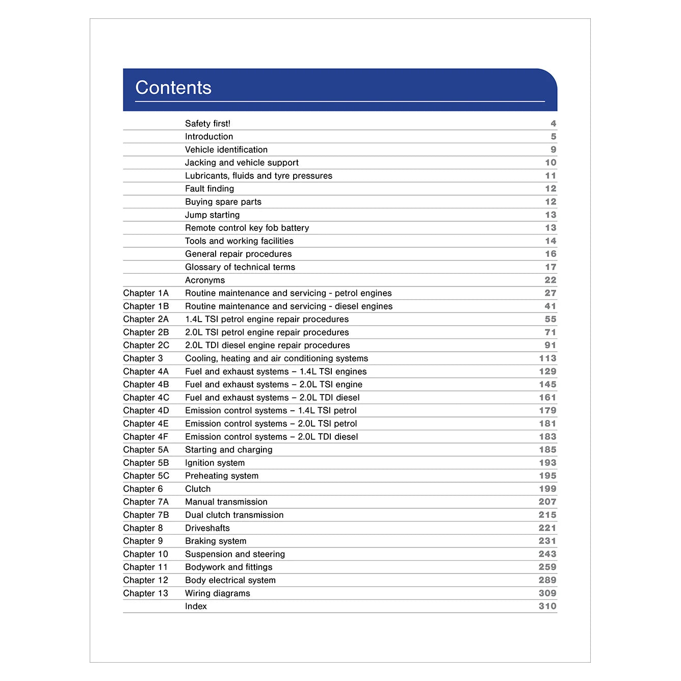 Table of contents for a technical manual on a white background