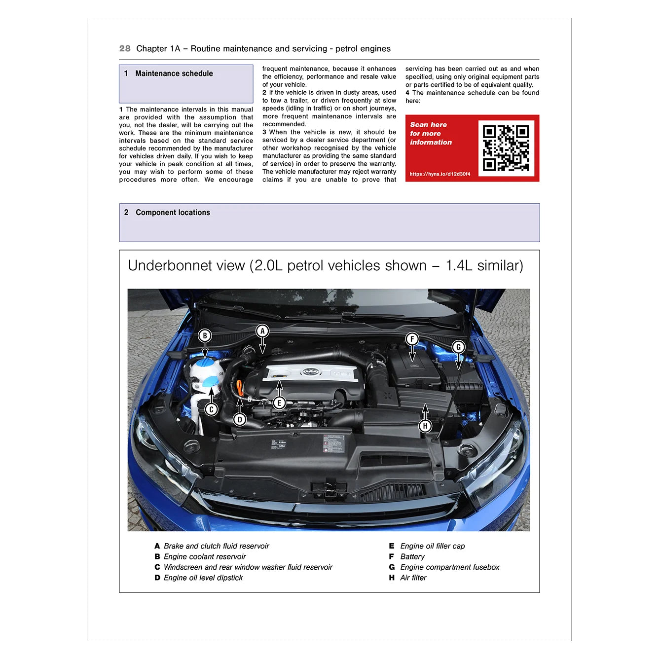 Technical diagram of a car's underbonnet with labeled components and QR code on a white background.