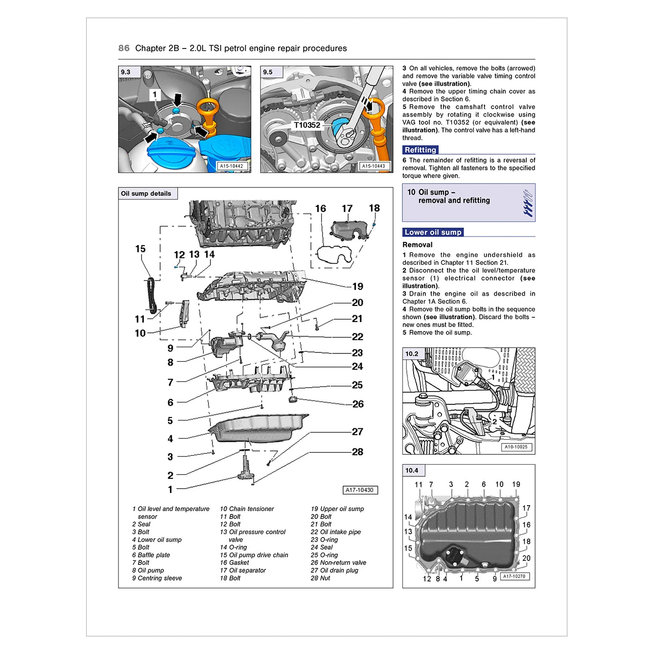 Technical diagram and text from a vehicle repair manual on oil pump removal and refitting.