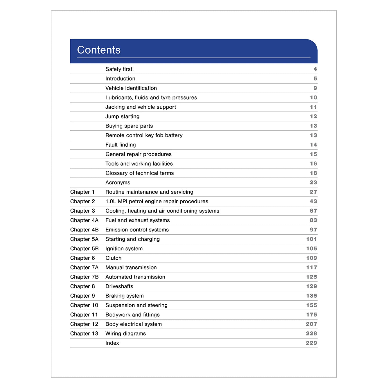 Table of contents for a vehicle repair manual on a white background